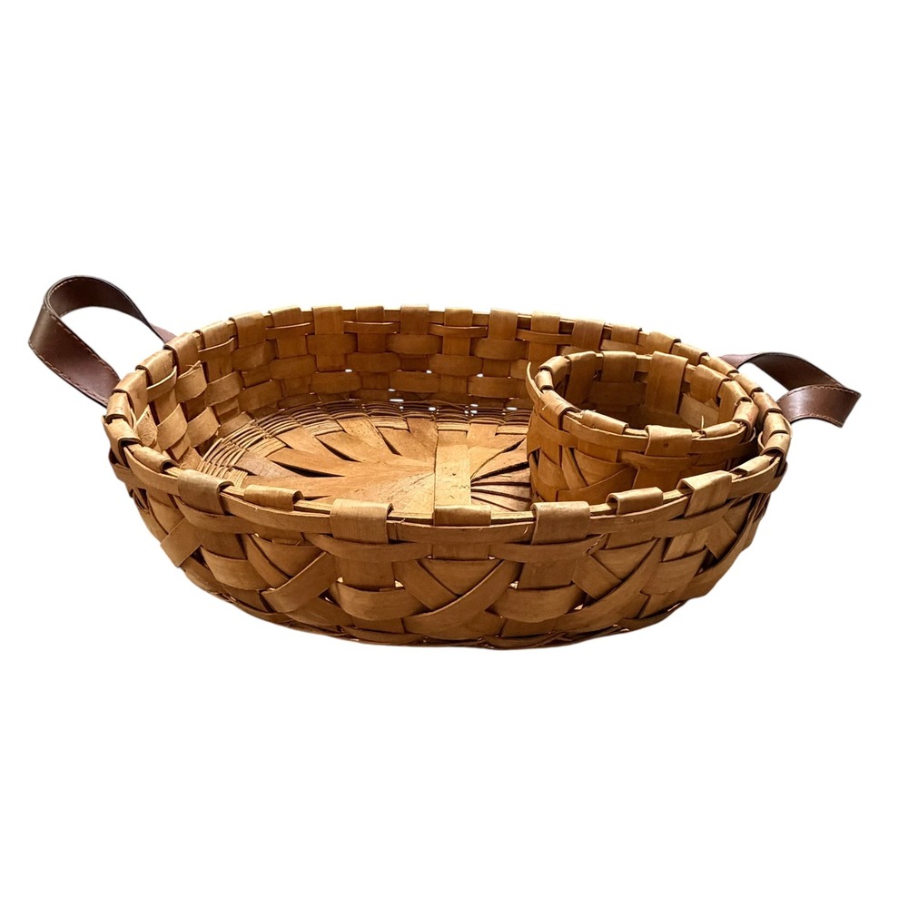 Handcrafted Woven Wood Chip and Dip Basket Oval Serving Tray Leather Handles